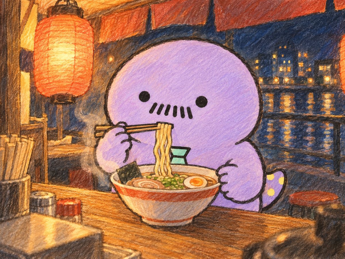 作例：屋台でラーメンをすするハンザキさん（手描きイラスト）
